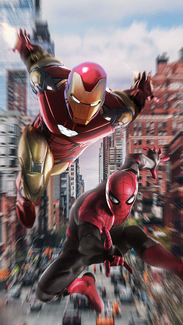 Two Legendary Superheroes, Spider Man & Iron Man Side-by-side In Genre-defining Action Wallpaper