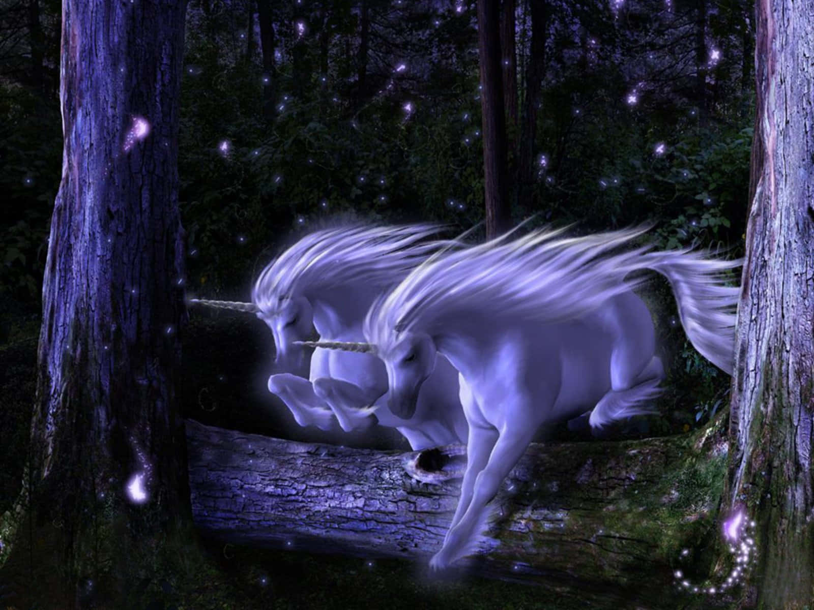 Two Purple Unicorn Running Forest Wallpaper