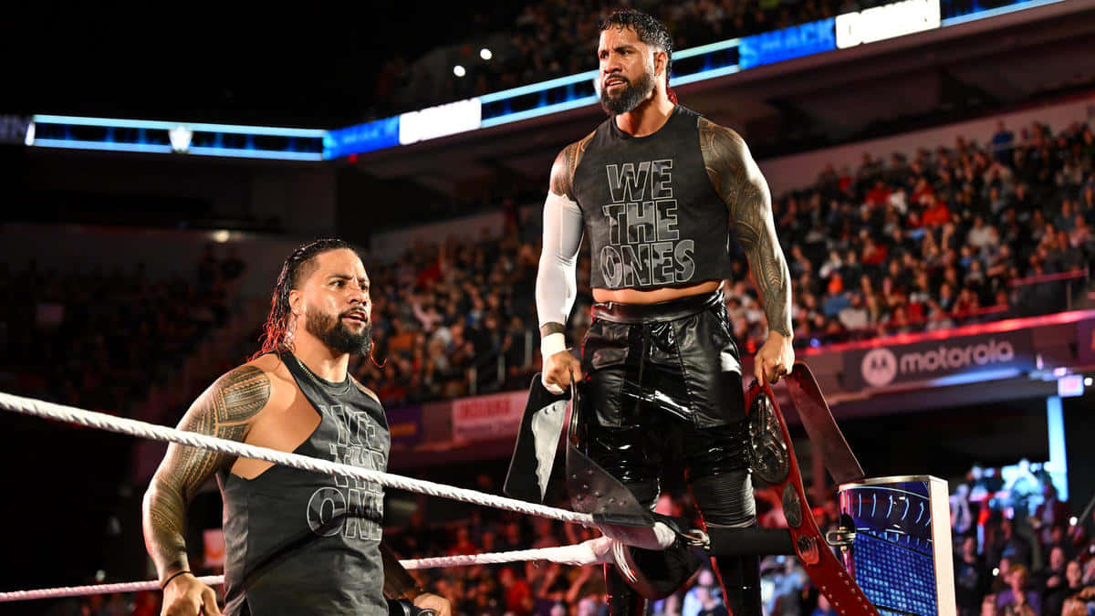 Two Wrestlers Standing On The Ring In Front Of A Crowd Wallpaper