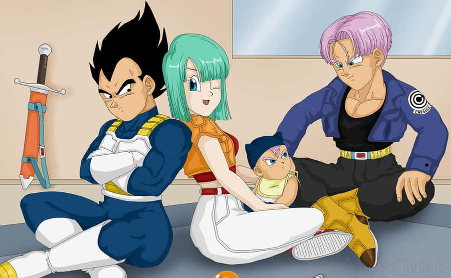 Vegeta's Family: Vegeta, Bulma, And Trunks In A Happy Moment Together Wallpaper