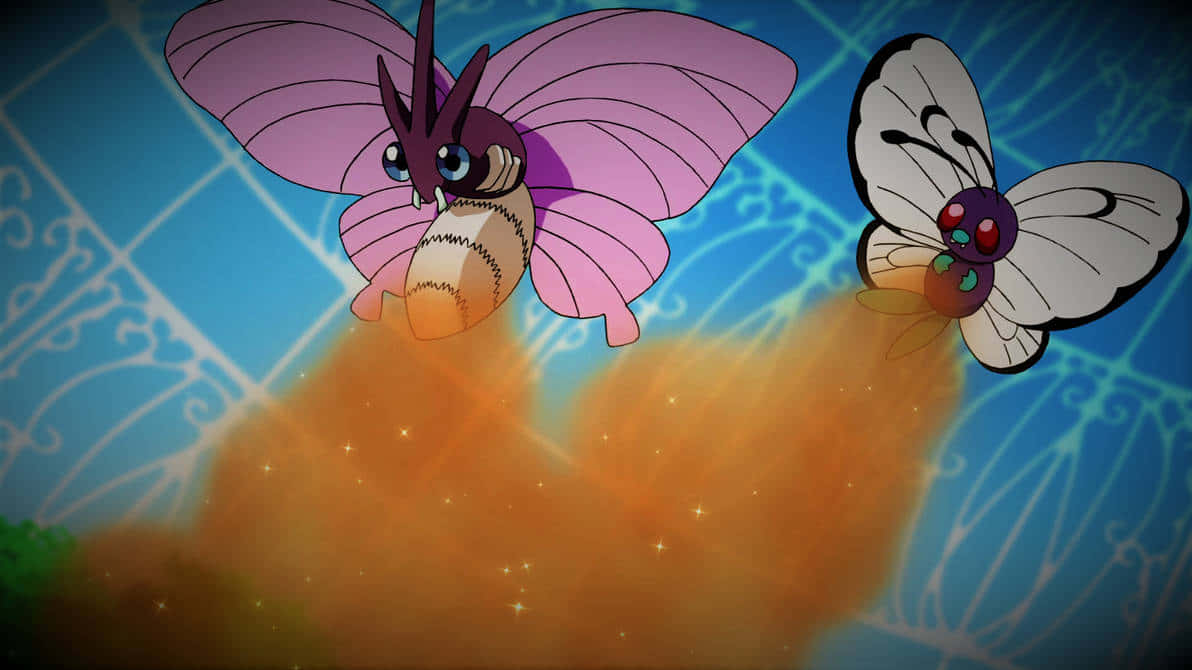 Venomoth And Butterfree Releasing Stun Spore Wallpaper