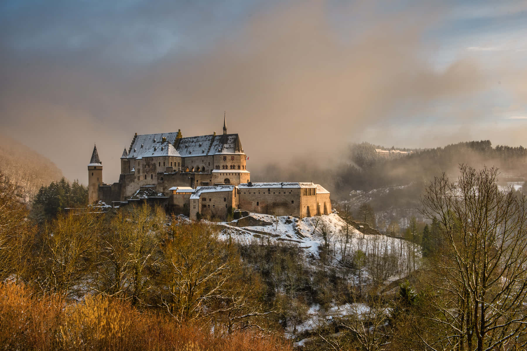 Vianden Castle Winter Mist Wallpaper