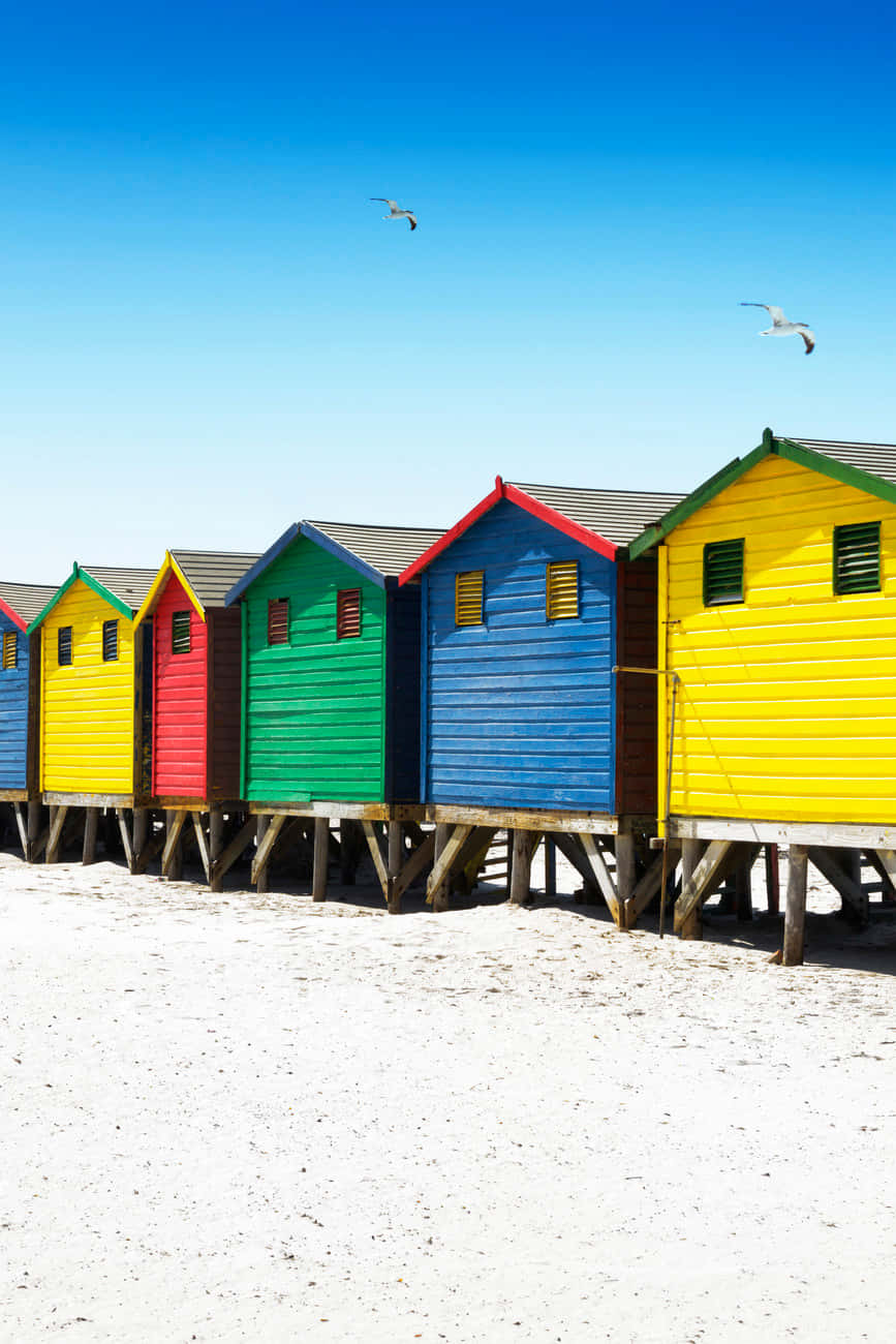 Vibrant Colors Of Beach Huts On A Perfect Sunny Day Wallpaper