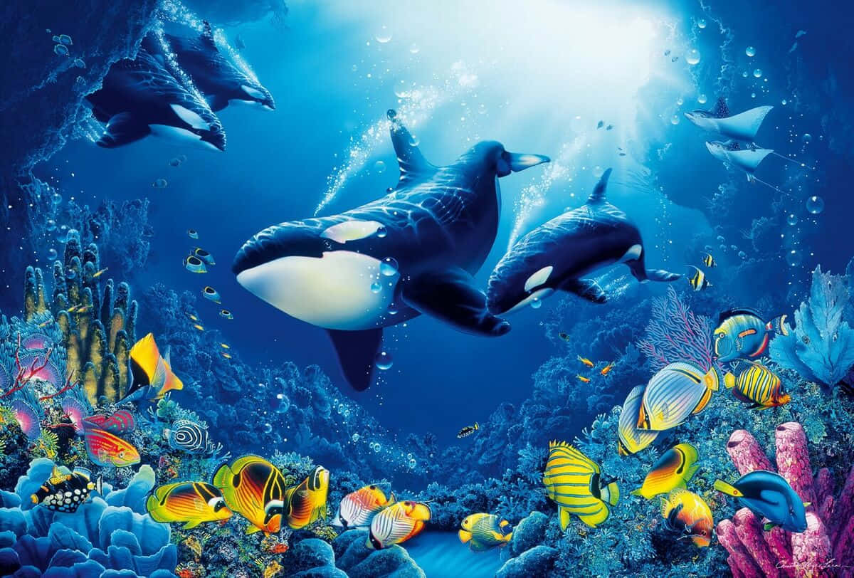 Vibrant_ Ocean_ Life_with_ Orca_ Pod Wallpaper