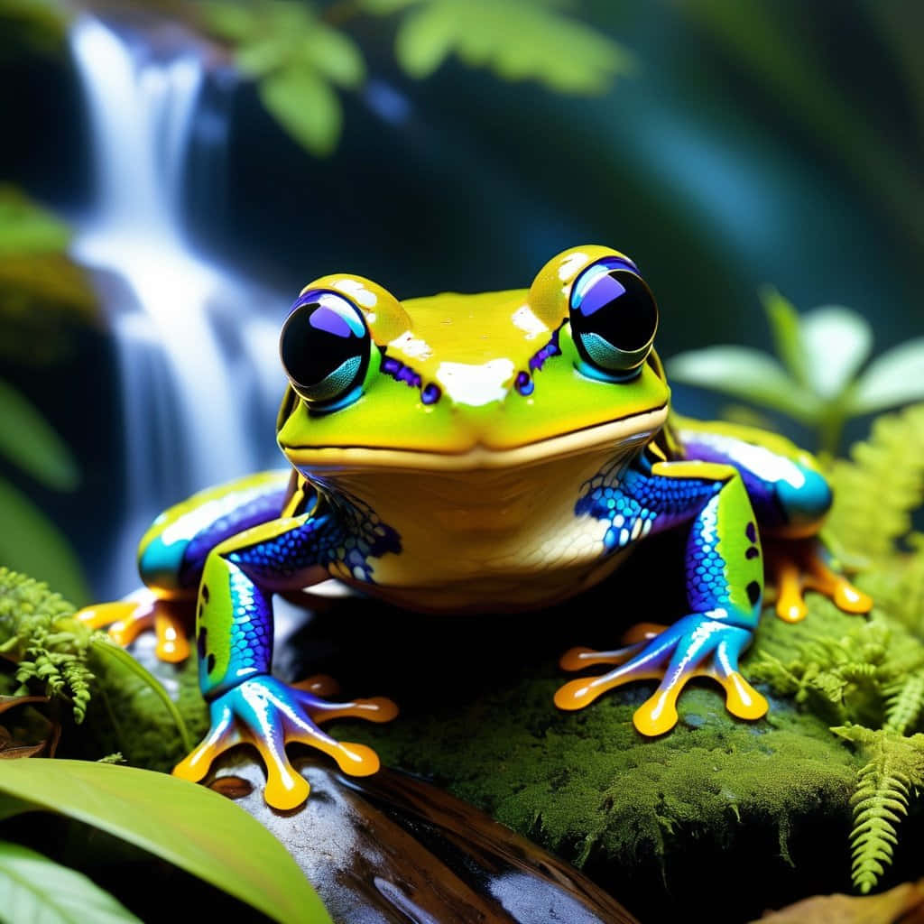 Vibrant Poison Frog Waterfall Backdrop Wallpaper