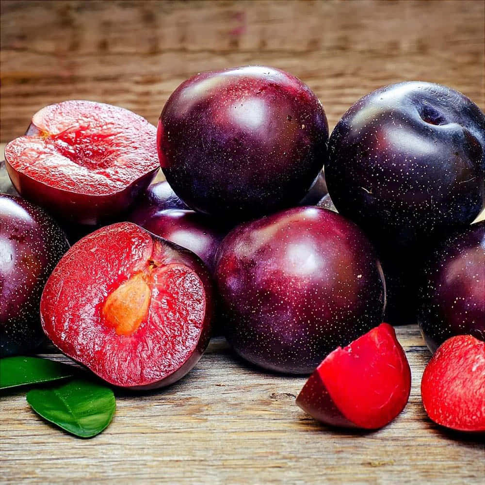 Vibrant Red Plum On A Branch Wallpaper