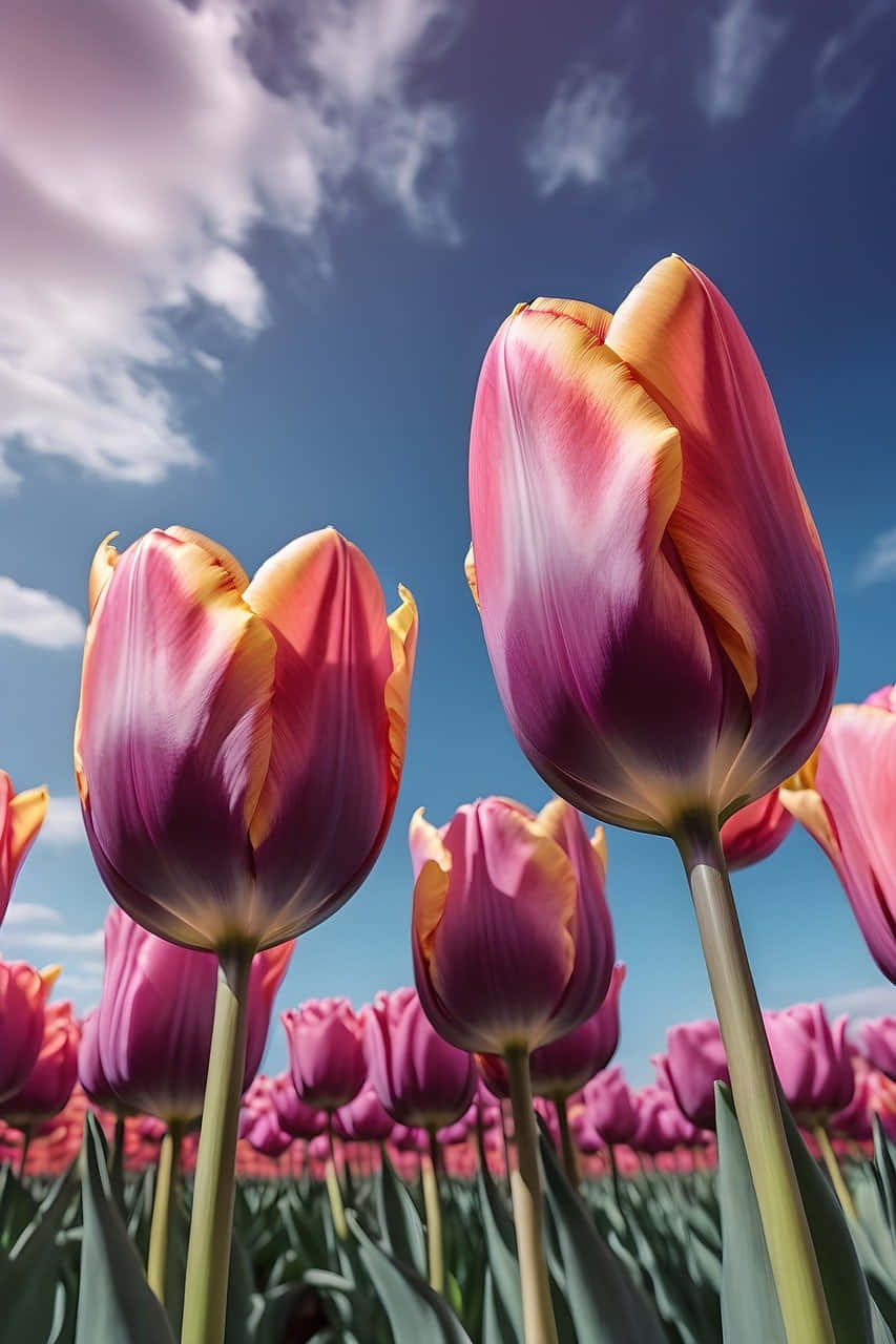 Vibrant_ Tulips_ Under_ Blue_ Sky Wallpaper