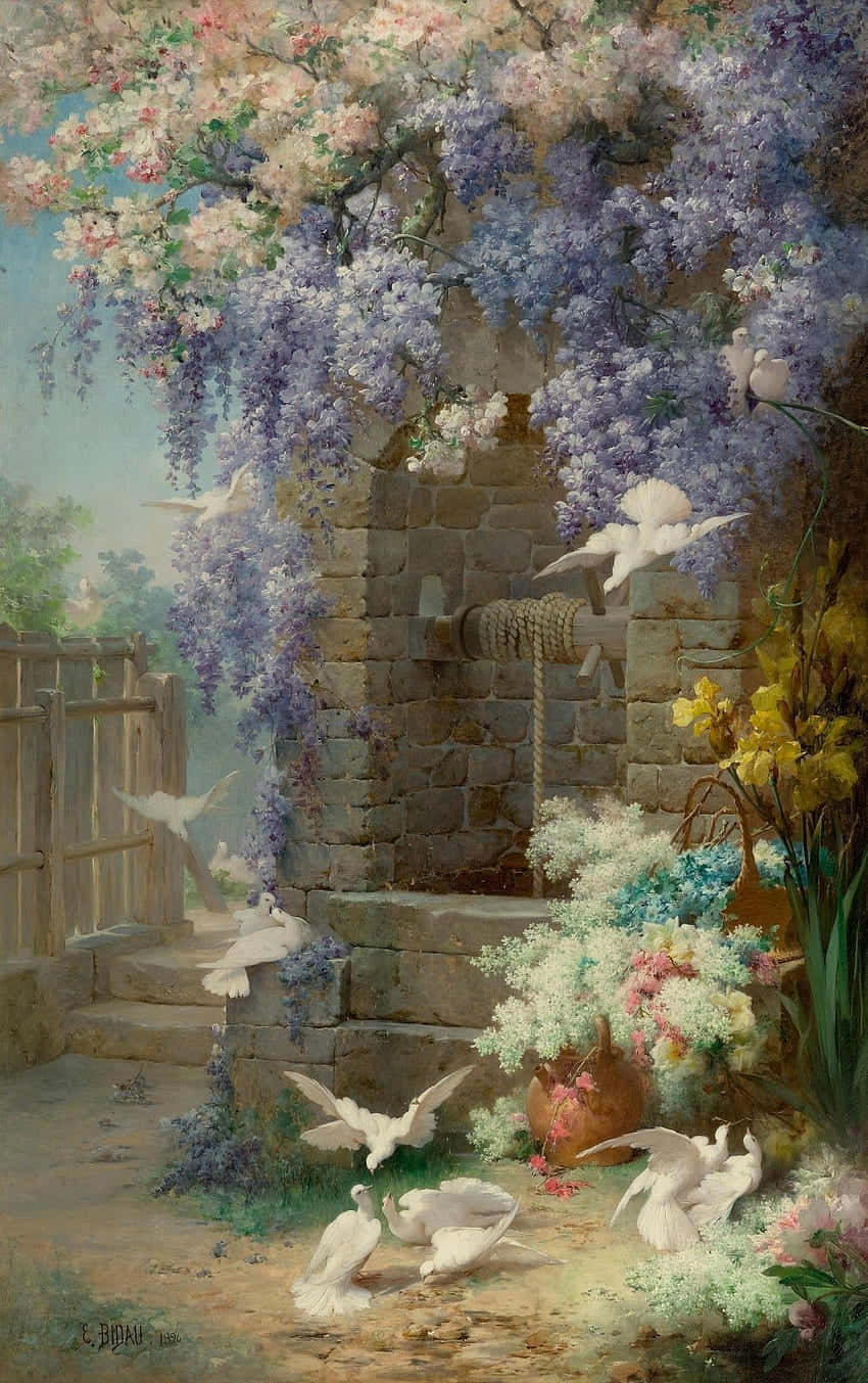 Victorian Garden Doves Painting Wallpaper