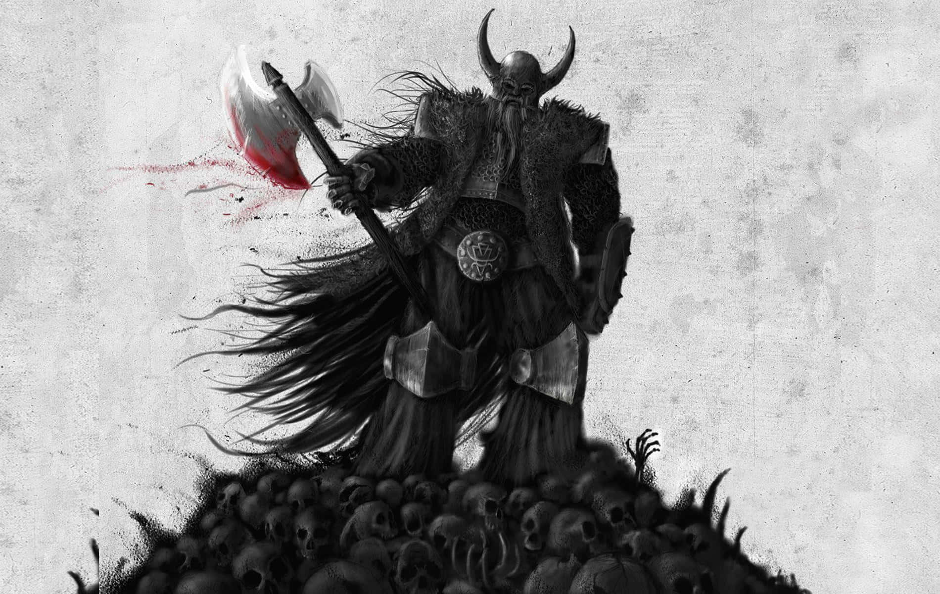 Viking Warrior Standingon Skulls Artwork Wallpaper