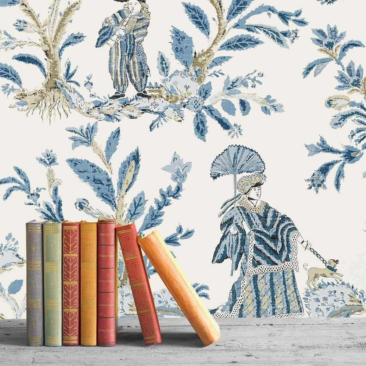 Vintage Booksand Toile Pattern Wallpaper Wallpaper