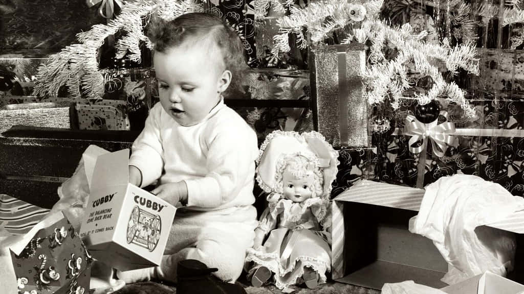 Vintage Christmas Scene With Presents And Snow Wallpaper