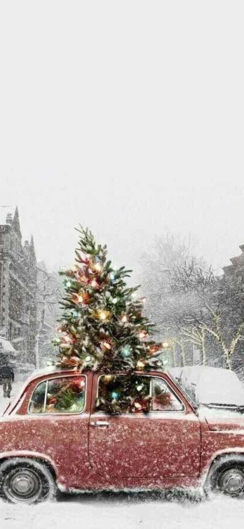 Vintage Christmas Tree Car Scene Wallpaper