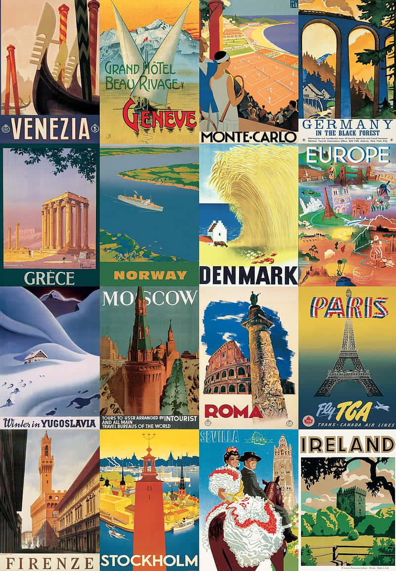 Vintage European Travel Posters Collage Wallpaper