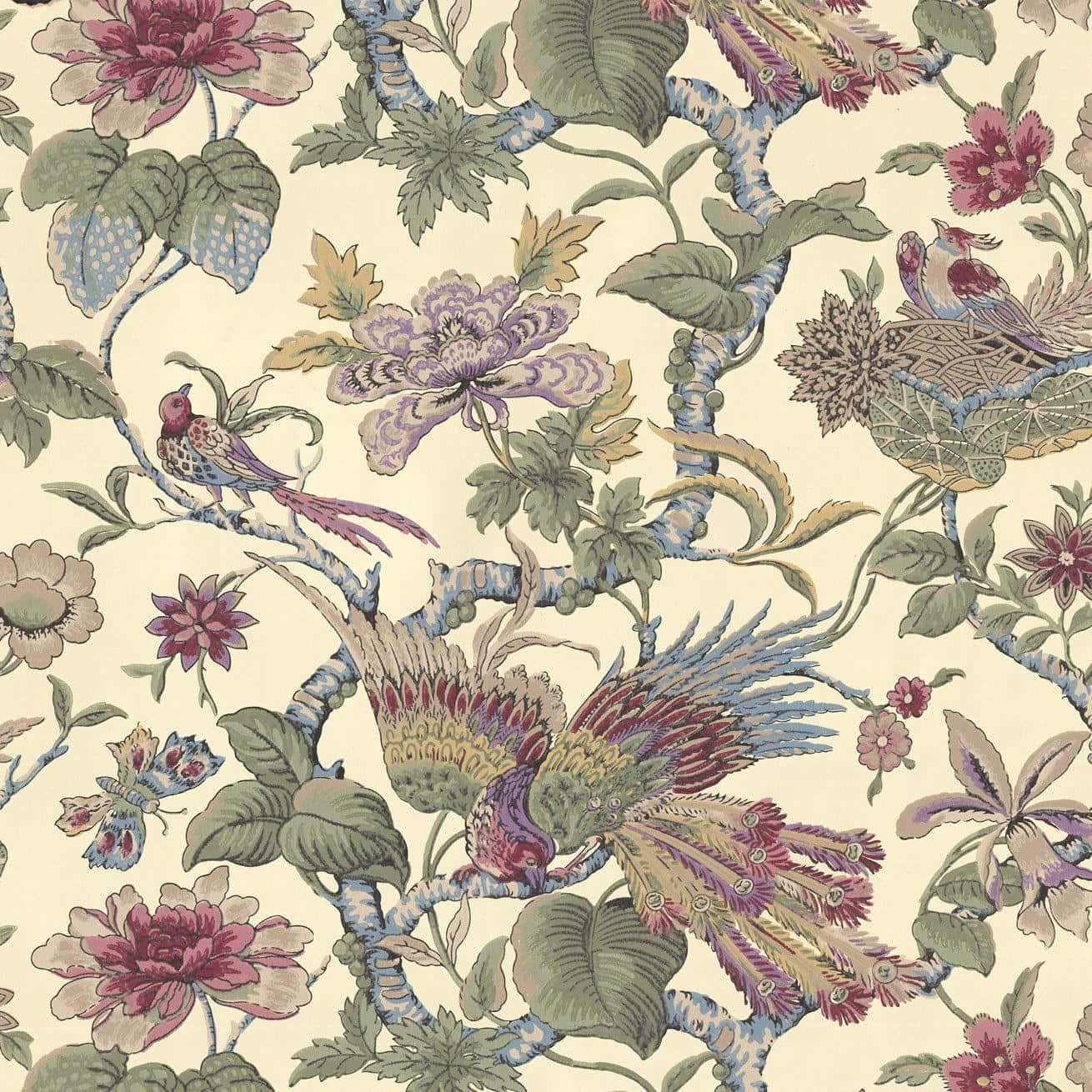 Vintage Floral Bird Pattern Wallpaper