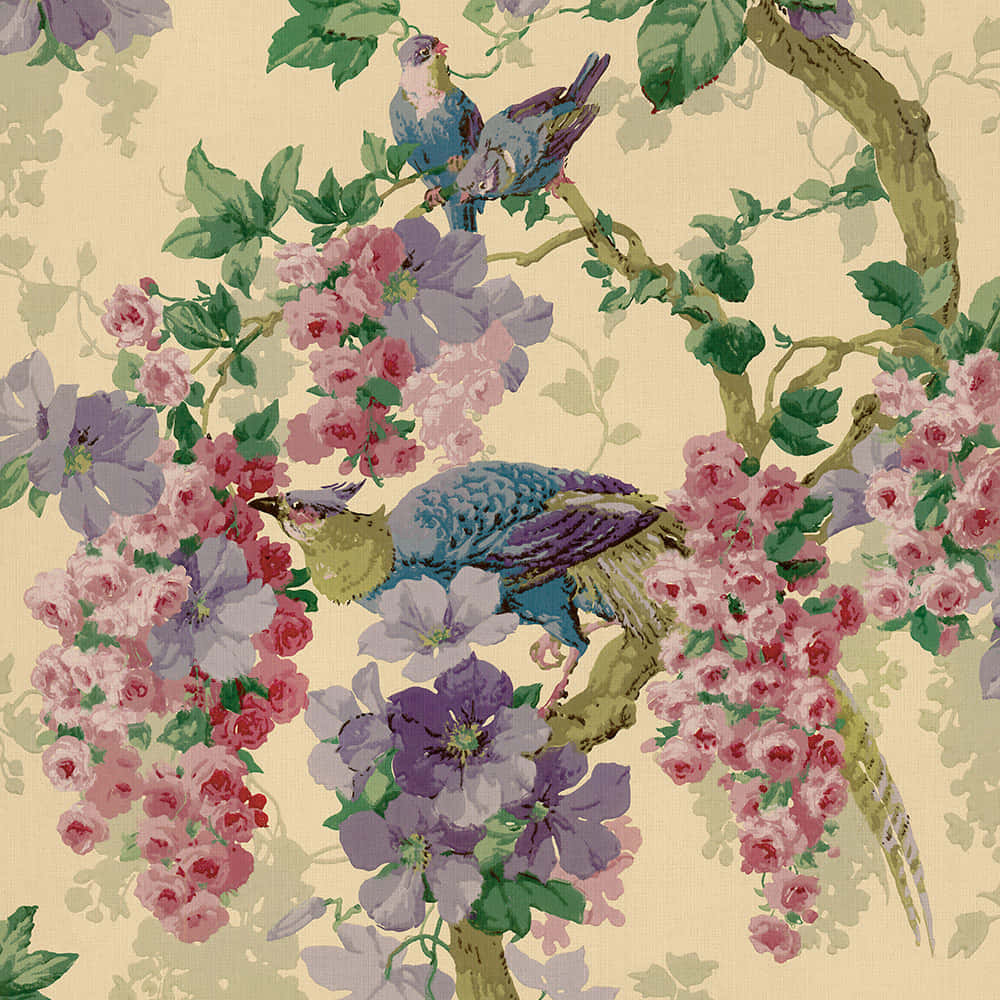 Vintage Floral Bird Pattern Wallpaper