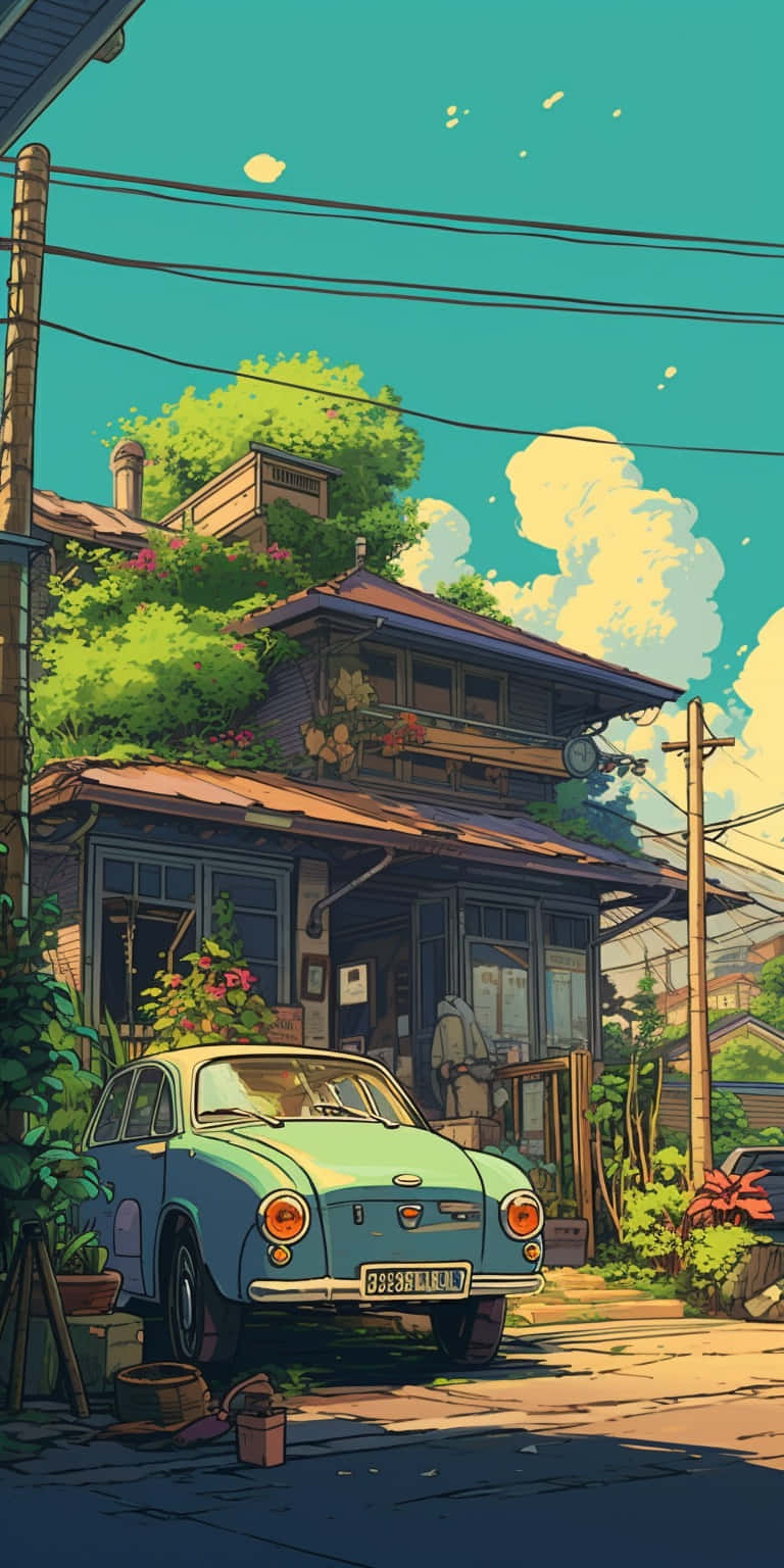 Vintage Ghibli Style Houseand Car Wallpaper