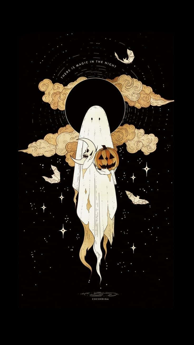 Vintage Ghost Holding Pumpkin Aesthetic Wallpaper