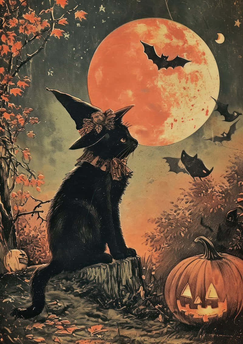 Vintage Halloween Cat Witch Moon Wallpaper