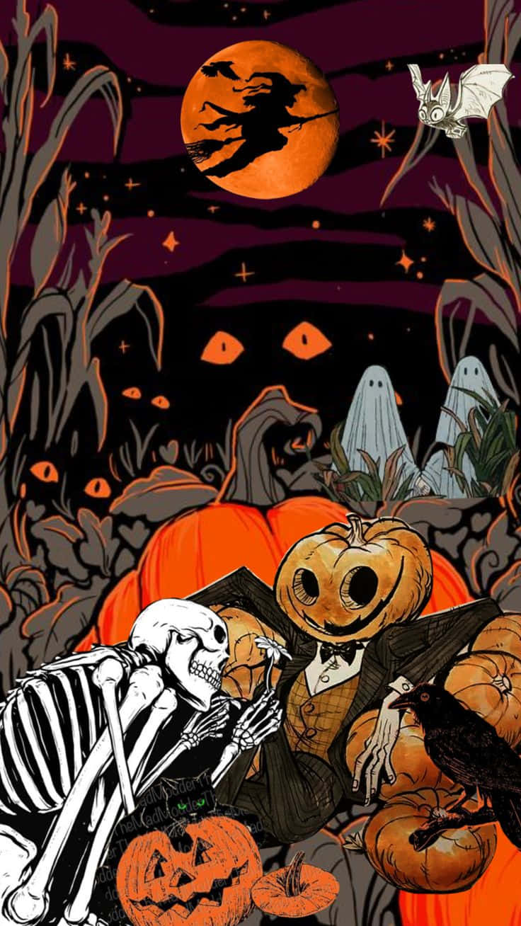 Vintage Halloween Skeleton Pumpkinheadi Phone Wallpaper Wallpaper