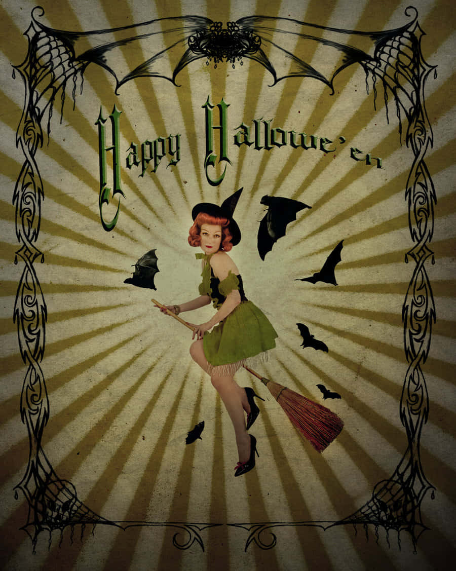 Vintage Halloween Witchand Bats Wallpaper