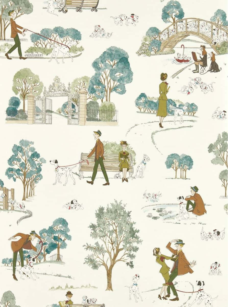 Vintage Park Scenesand Dalmatians Wallpaper