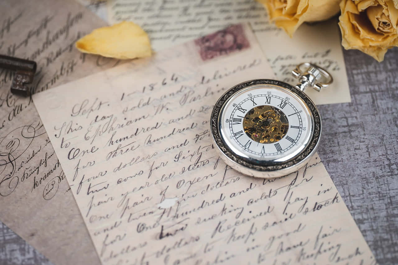 Vintage Pocket Watchon Handwritten Letters Wallpaper