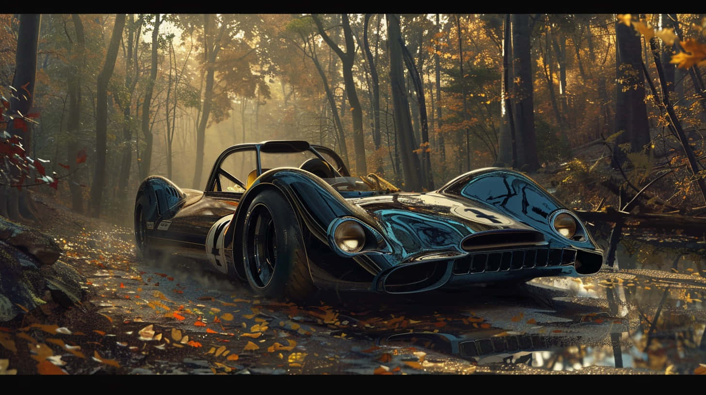 Vintage Racecar Autumn Forest Drive Wallpaper