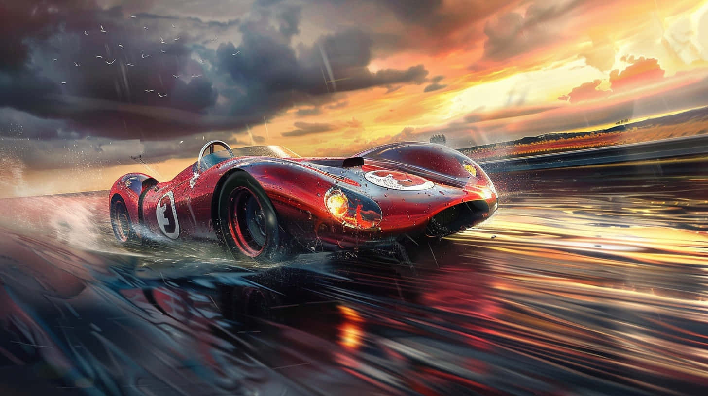 Vintage Racecar Speeding Sunset Wallpaper