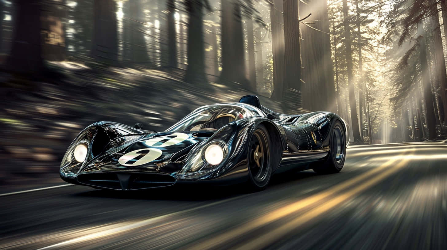 Vintage Racecar Speeding Through Forest Wallpaper