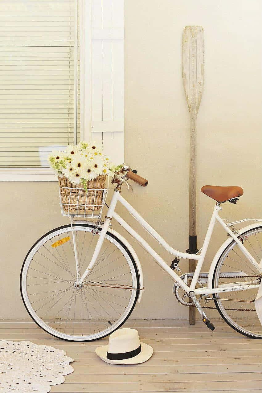 Vintage White Bicycle Floral Basket Wallpaper