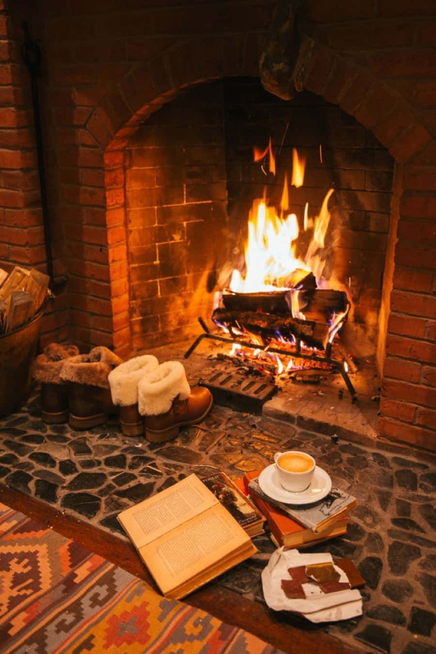 Warm And Cozy Fireplace Scene Wallpaper