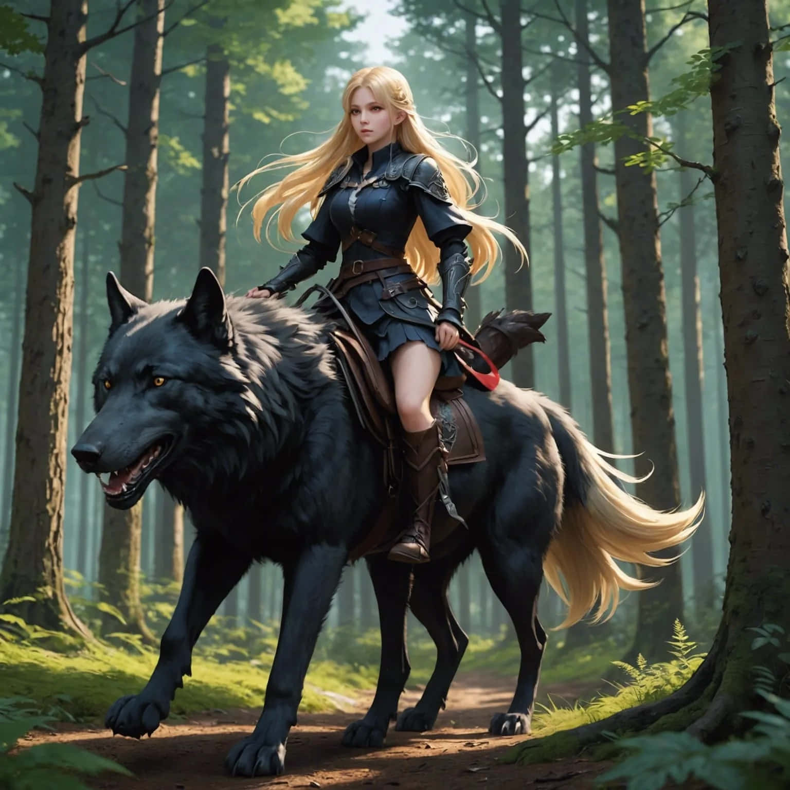 Warrior Blonde Riding Black Wolf Wallpaper