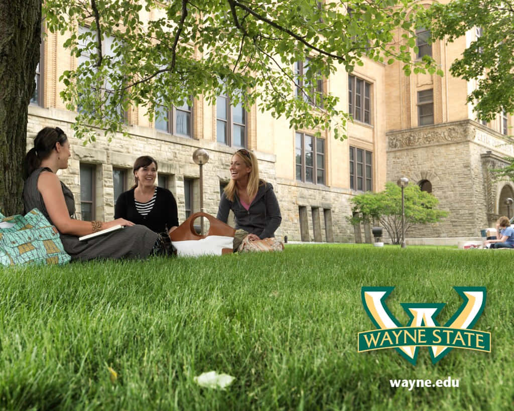 Wayne State University Students And Logo On Grass. Wallpaper