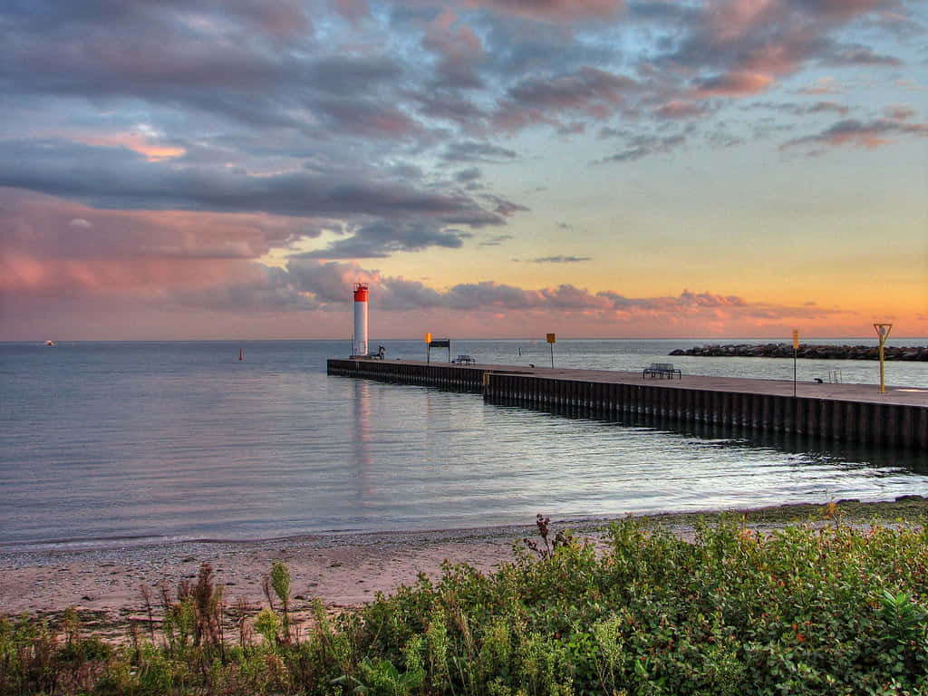 Whitby Harbor Sunset Lighthouse Wallpaper