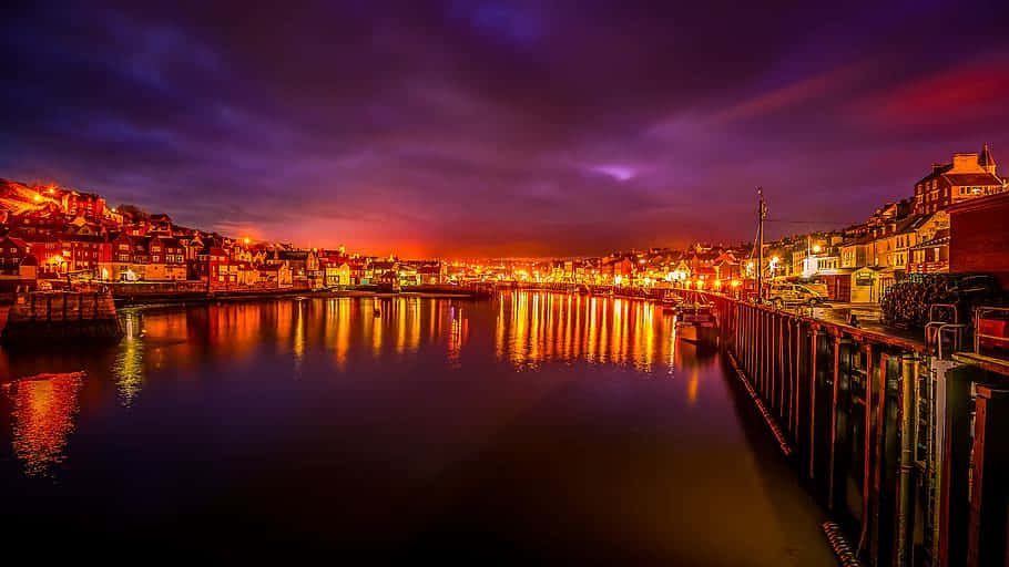 Whitby Harbour Twilight Glow Wallpaper