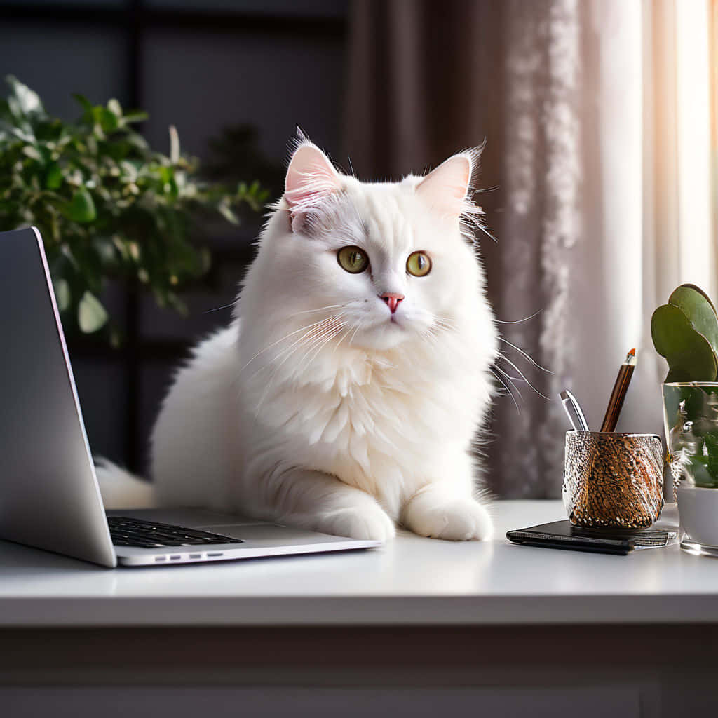 White Cat At Workstation.jpg Wallpaper