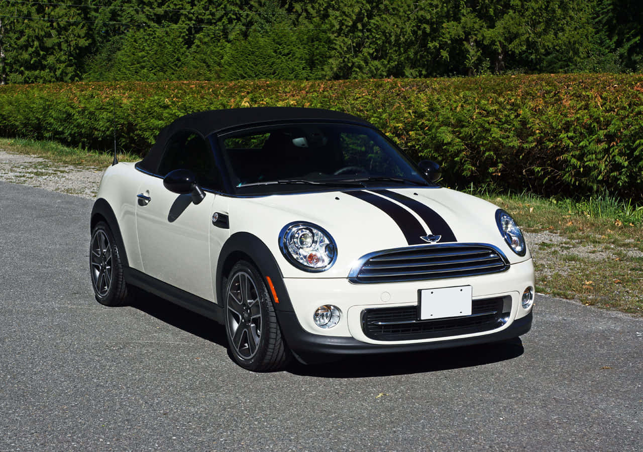 White Mini Roadster With Black Stripes Wallpaper