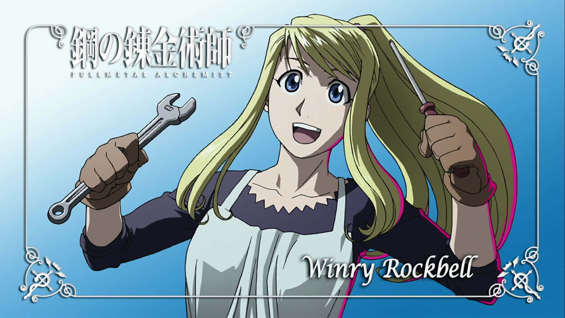 Winry Rockbell Posing With A Wrench In Hand Wallpaper