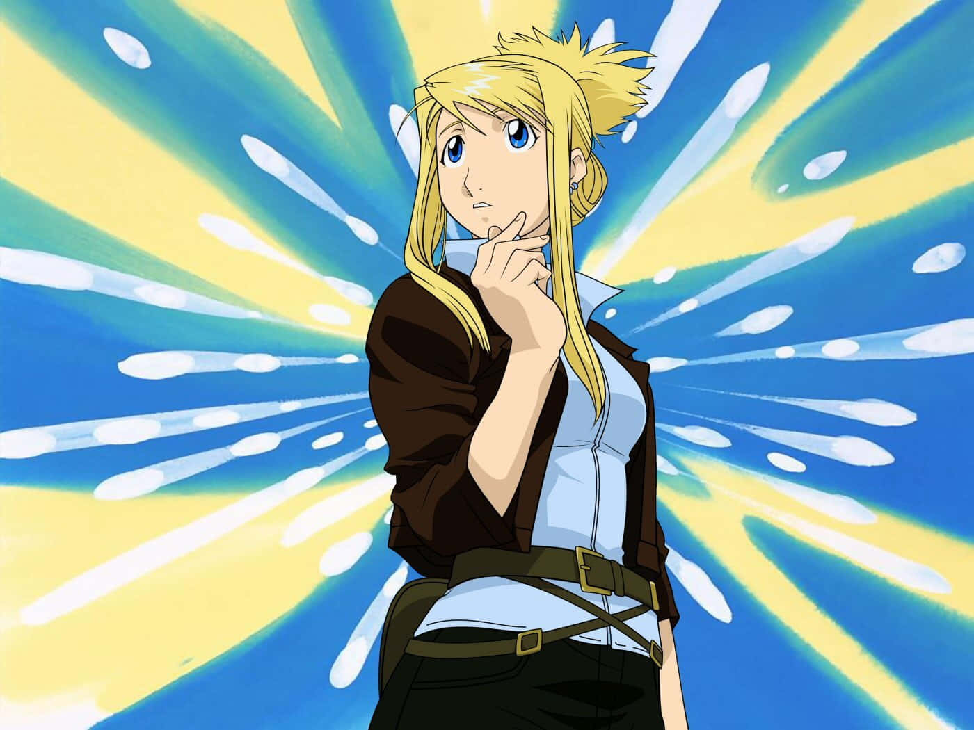 Winry Rockbell Posing With A Wrench In Her Mechanical Workshop Wallpaper