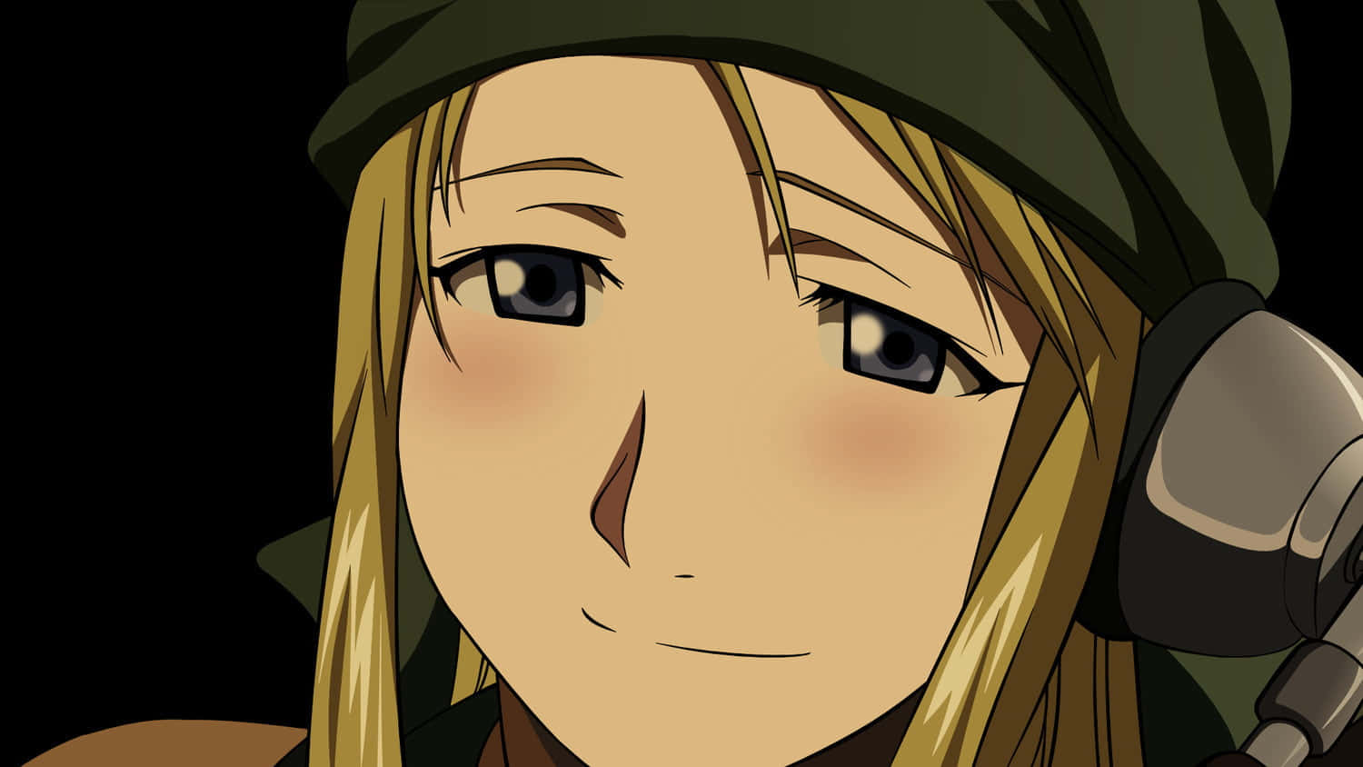 Winry Rockbell Striking A Pose In Front Of Her Mechanic Workshop Wallpaper