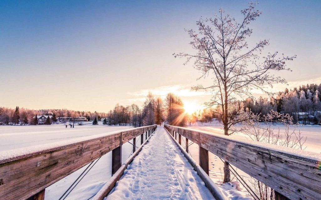 Winter Bridge Sunrise Nature Wallpaper