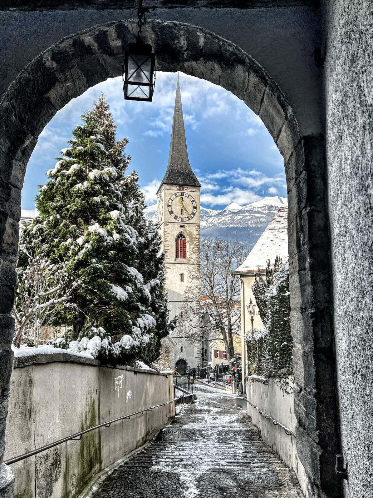 Winter Church Archway View Wallpaper