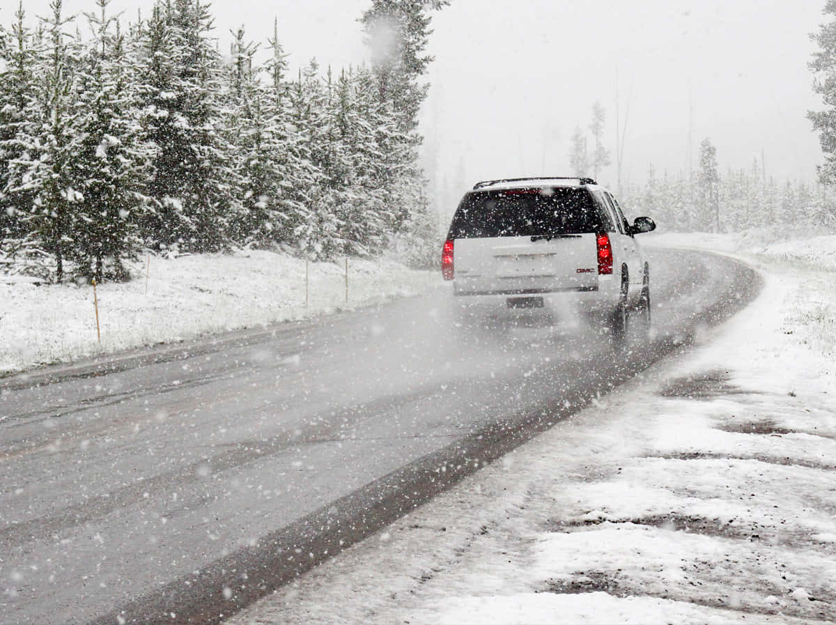 Winter Driving On A Snowy Road Wallpaper