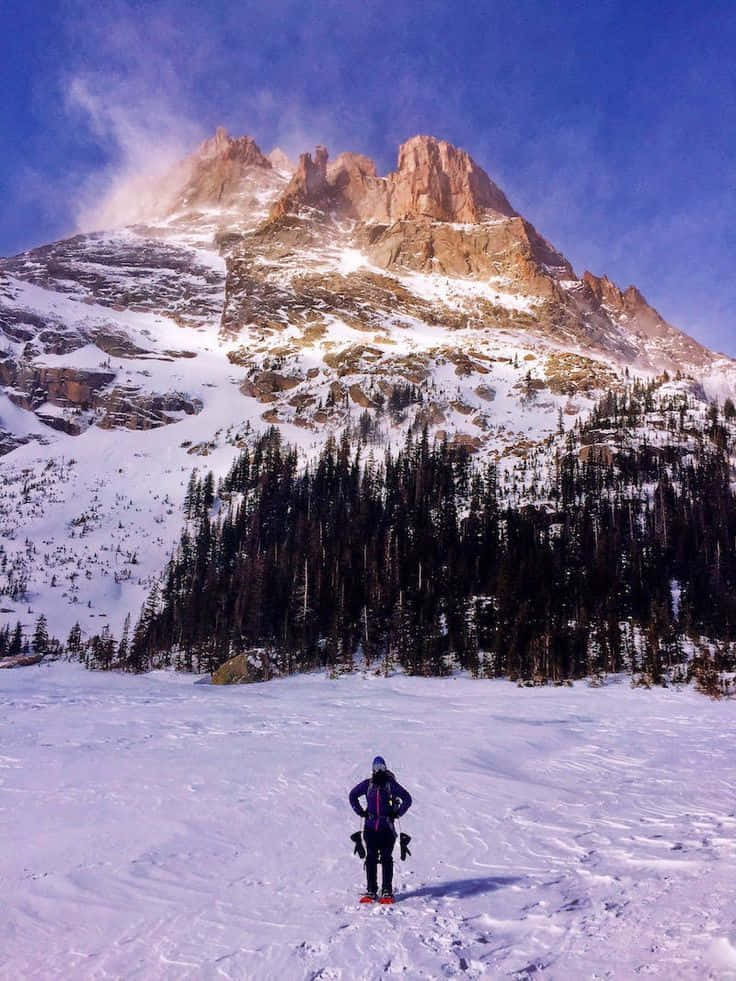 Winter Hiking Adventure In A Snowy Mountain Landscape Wallpaper