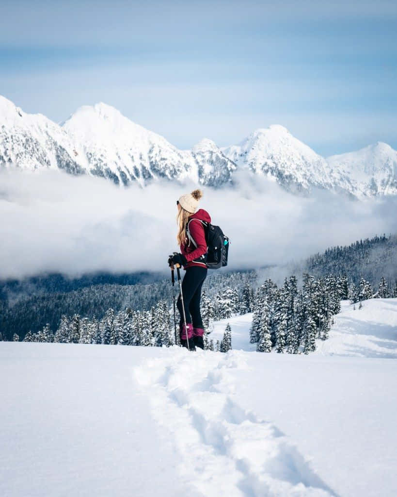 Winter Hiking Adventure In Snow-covered Mountains Wallpaper