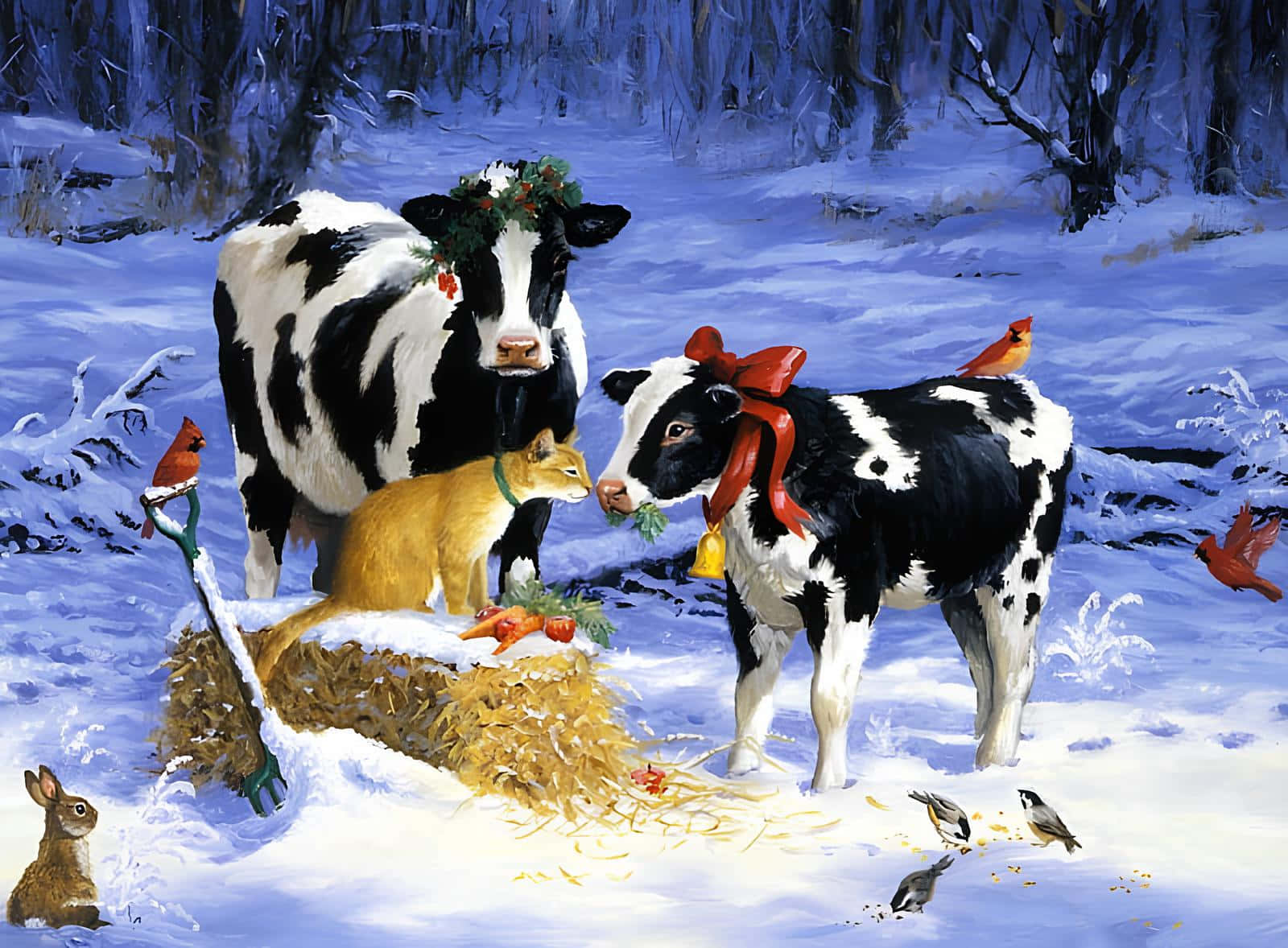 Winter Holiday Cowswith Wildlife Wallpaper