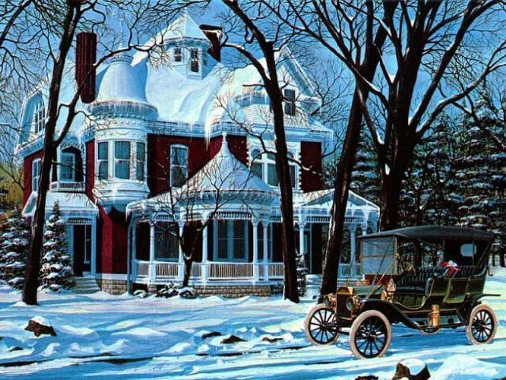 Winter Holiday Desktop Vintage House And Old Fashioned Car Wallpaper