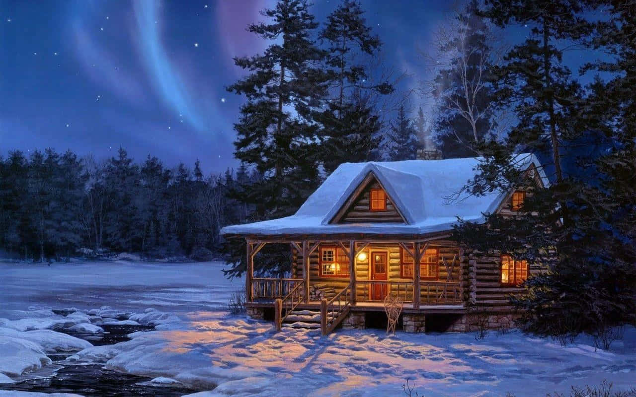 Winter Night Log Cabin Aurora Sky Wallpaper