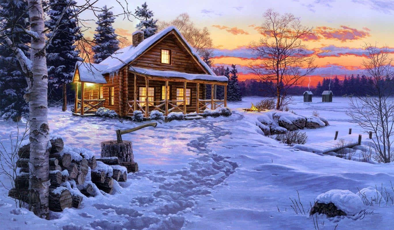 Winter Sunset Log Cabin Snowscape Wallpaper