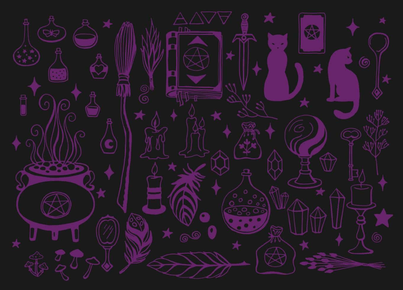 Witchcraft_ Symbols_and_ Tools_ Purple_ Background Wallpaper